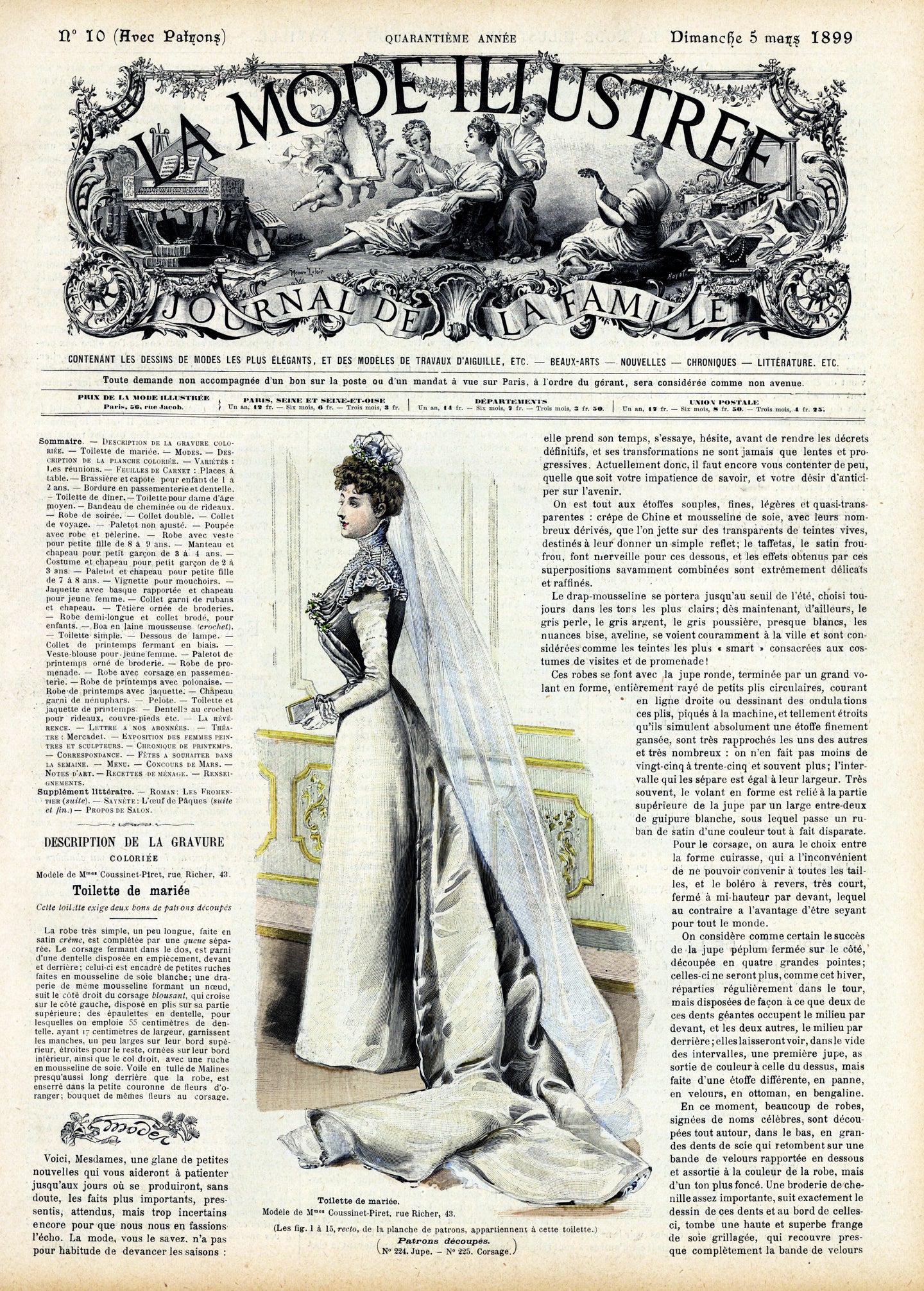 La Mode Illustree # 10, March 1899 French Fashion Magazine Wedding Gown