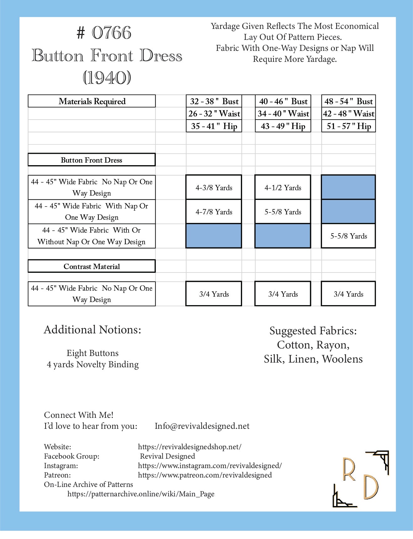 # 0766 - BUTTON FRONT DRESS (1940) - FULL SIZE PRINT - OR - DIGITAL DOWNLOAD