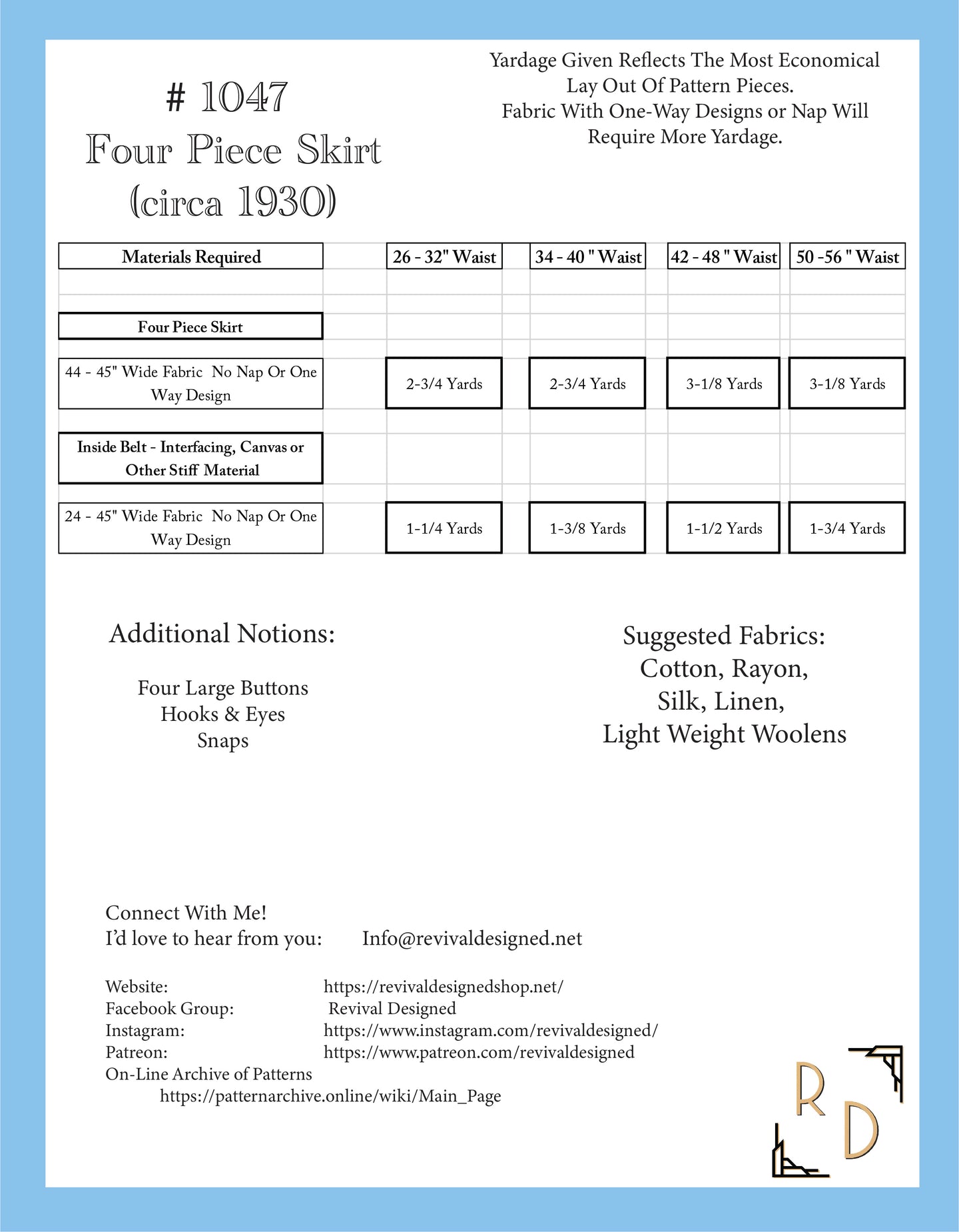 # 1047 - Four Panel Skirt - (1930) - FULL SIZED PRINT