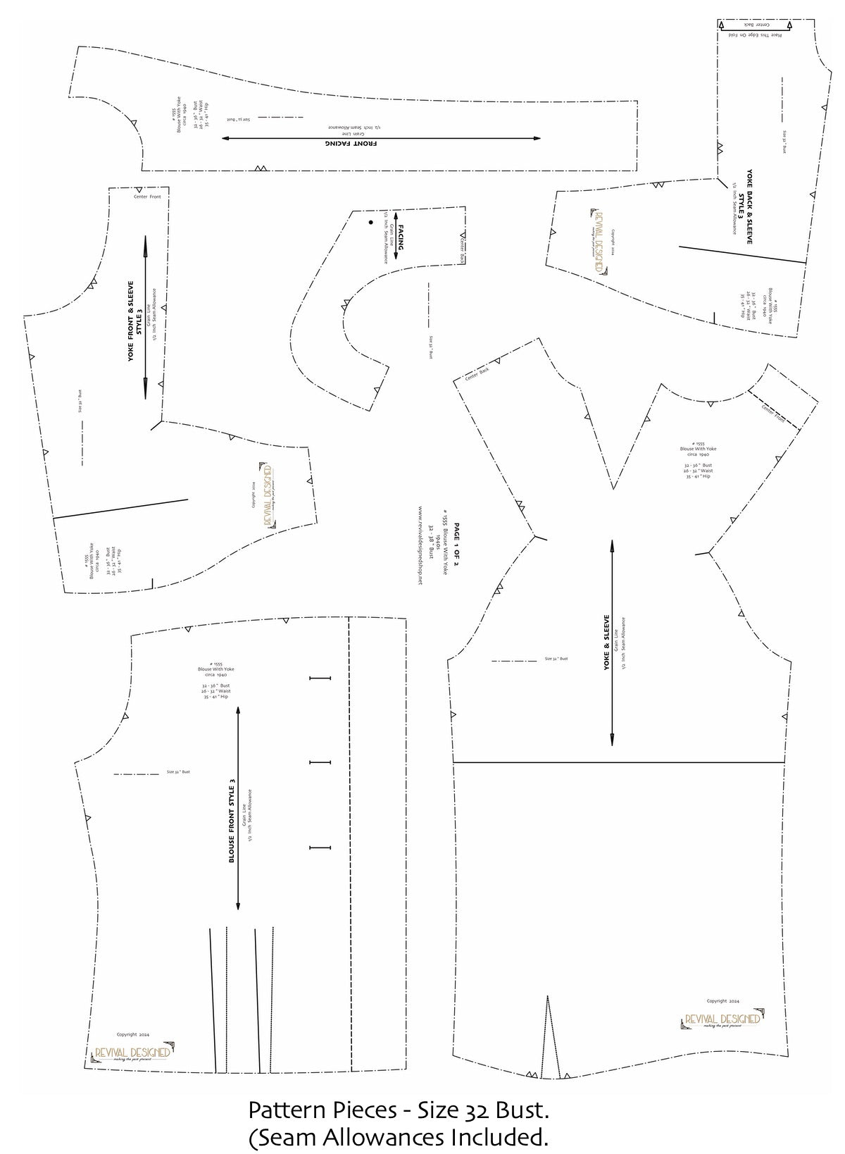 # 1555 - BLOUSE WITH  YOKE (circa 1940's) - FULL SIZE PRINT OR DIGITAL DOWNLOAD