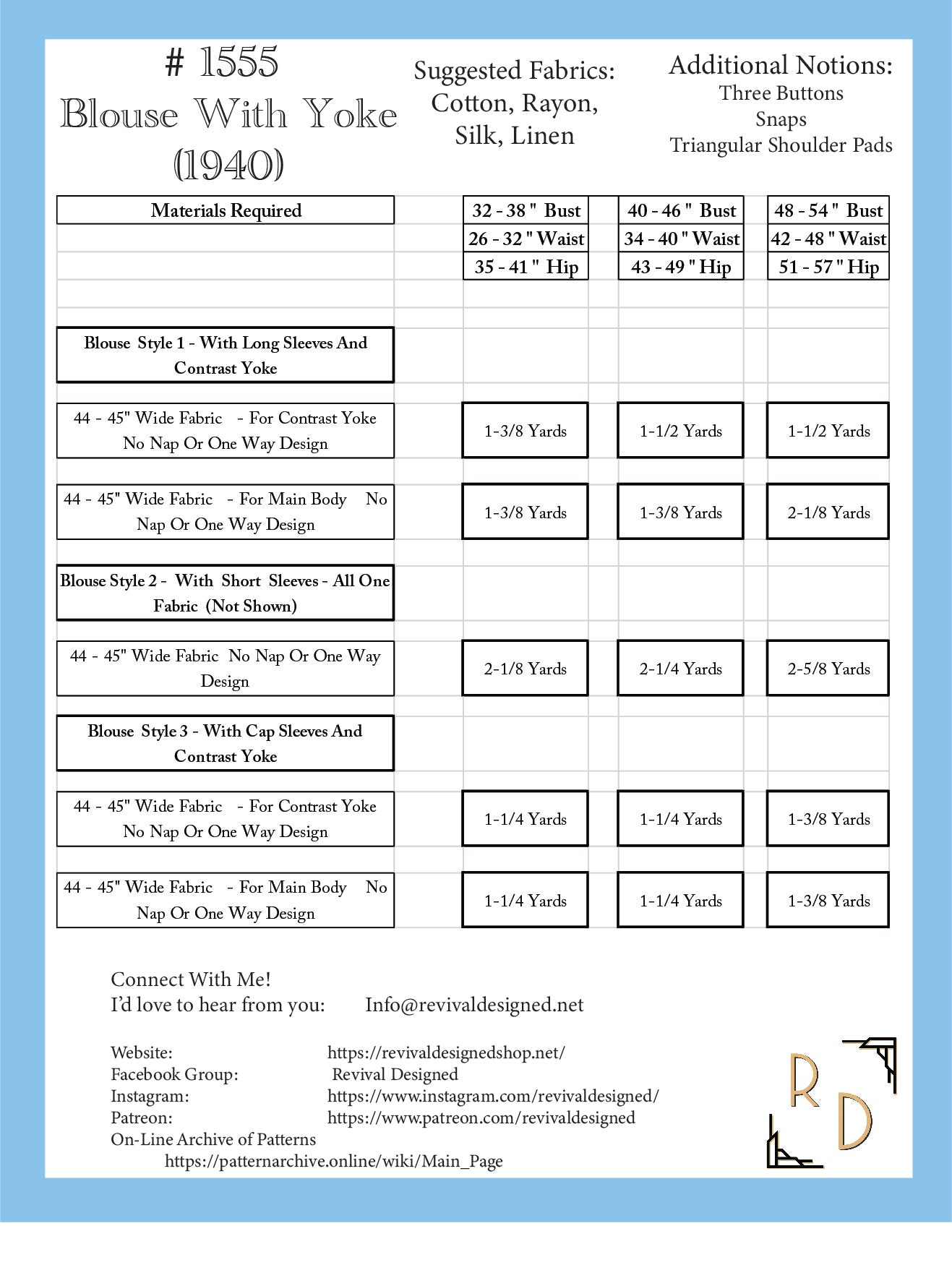 # 1555 - BLOUSE WITH  YOKE (circa 1940's) - FULL SIZE PRINT OR DIGITAL DOWNLOAD