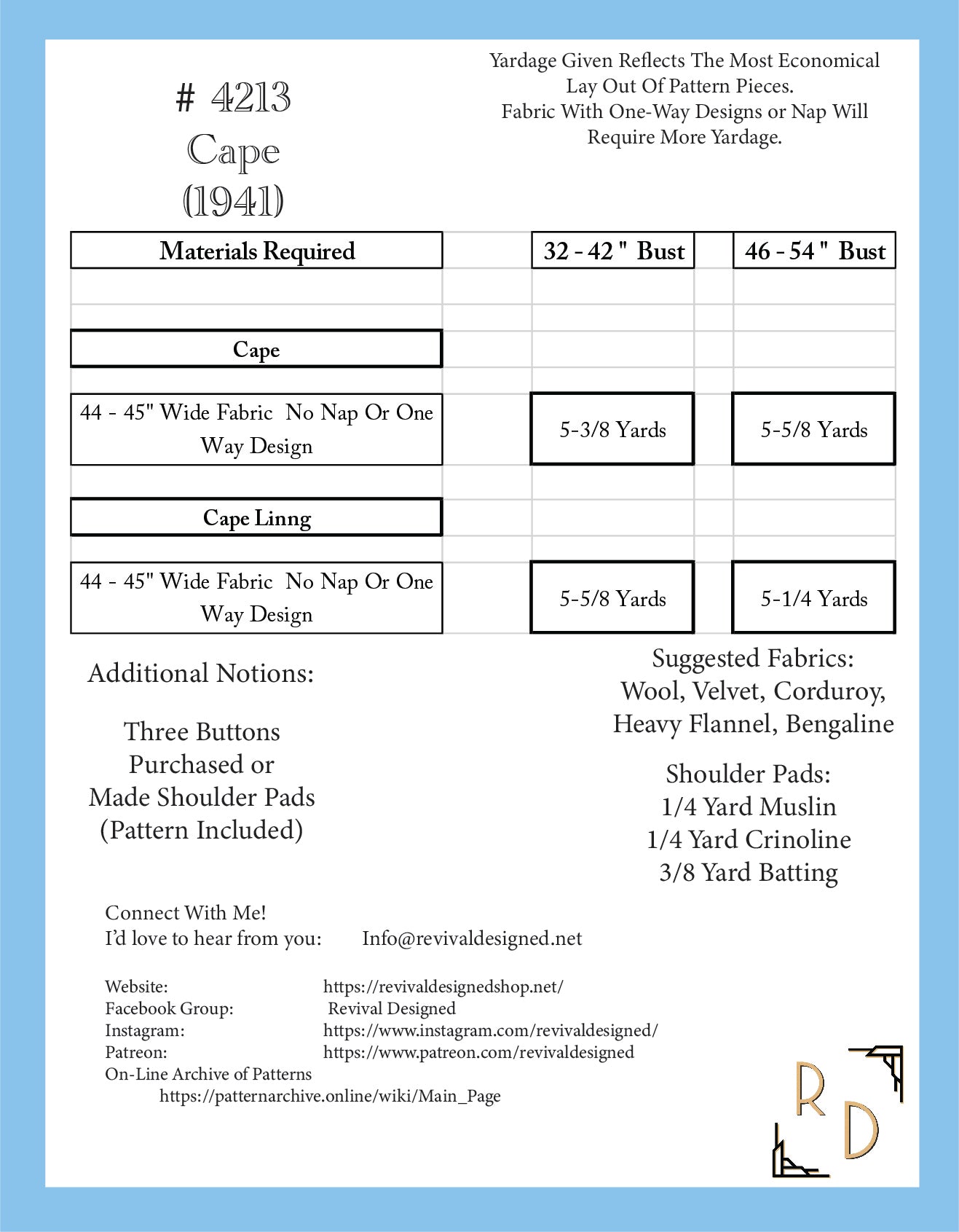 Yardage and fabric suggestions chart for 1941 cape sewing pattern 5008