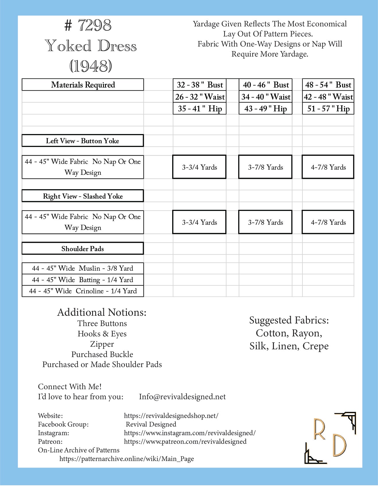 # 7298 Yoked Dress (1948) FULL SIZED PRINT