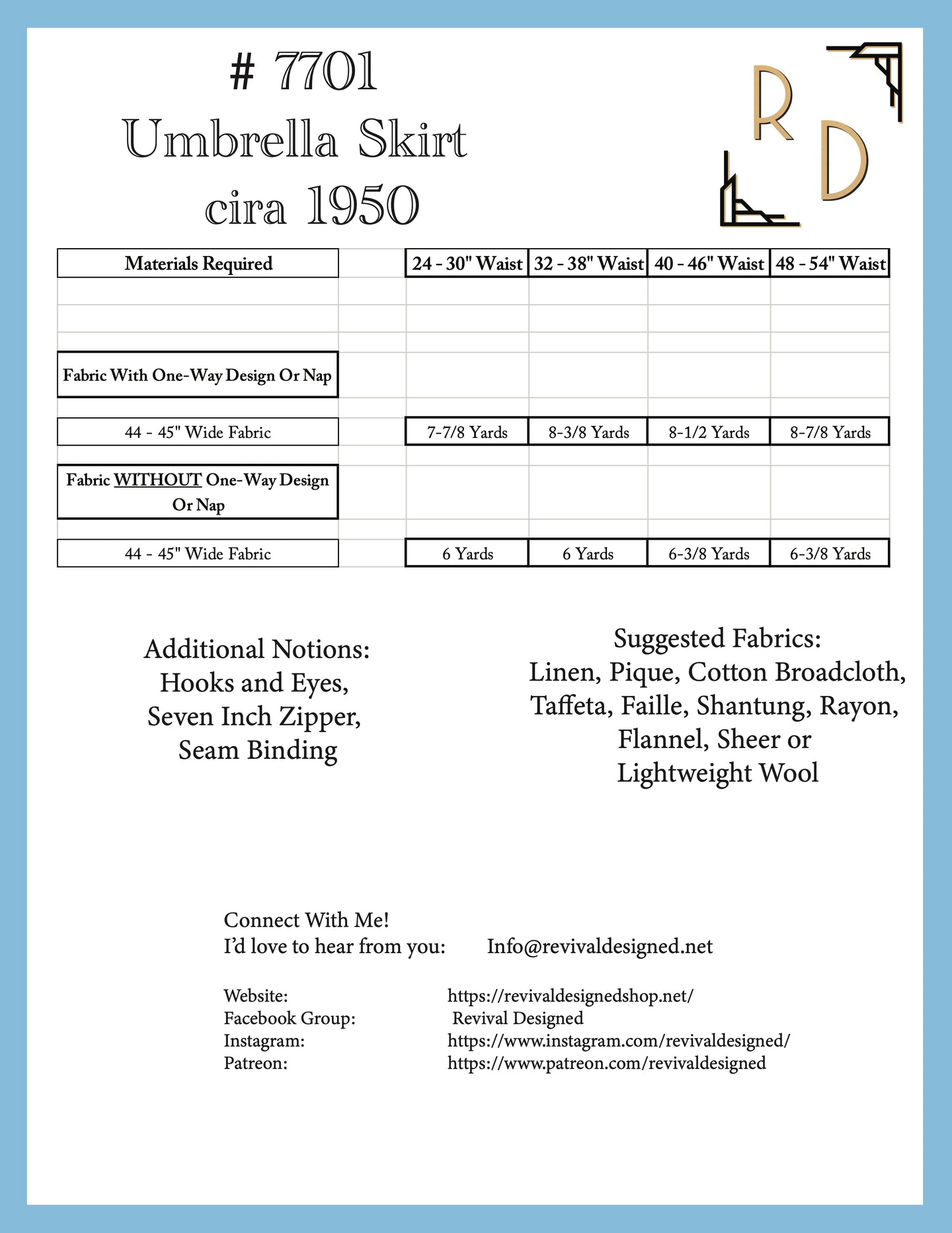 # 7701 - 1950's Umbrella Skirt -  Full Sized Print